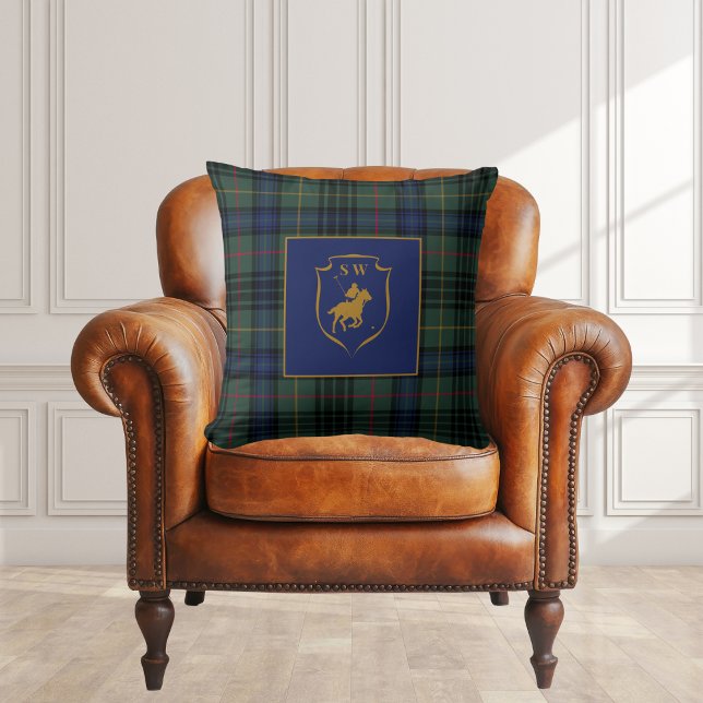 Coussin Polo Equestrian Monogrammed Classic Tartan Plaid  (Créateur téléchargé)