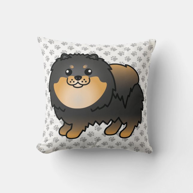Coussin Pomeranian noir et feu, chien de dessin animé mign (Recto)