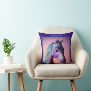Coussin Poney magique en violet et sarcelle avec nom perso