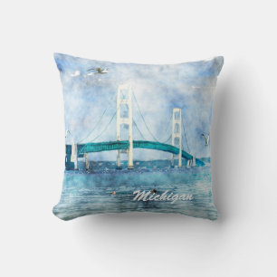 Coussin Pont Mackinac Aquarelle Pittoresque Art
