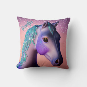 Coussin Pony magique en violet et Turquoise avec nom perso