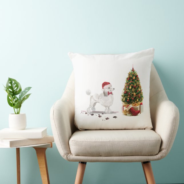 Coussin Poodle blanc Funny Chien de Noël avec arbre (Chaise)