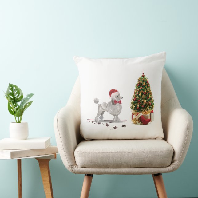 Coussin Poodle gris drôle Chien de Noël avec arbre (Chaise)