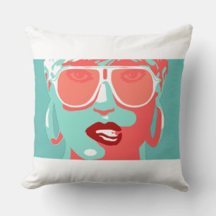 Coussin Pop Art Jolie Femme Lunettes de soleil Rouge Lipst