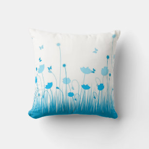 Coussin Poppies bleues et blanches minimalistes Pré floral