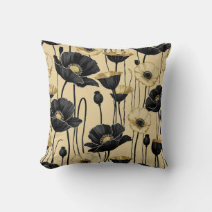 Coussin Poppies noires, blanches et d'or