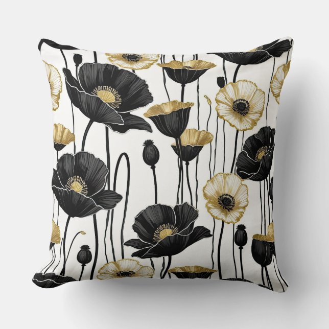 Coussin Poppies noires, blanches et d'or (Recto)
