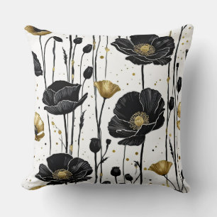 Coussin Poppies noires et d'or en blanc