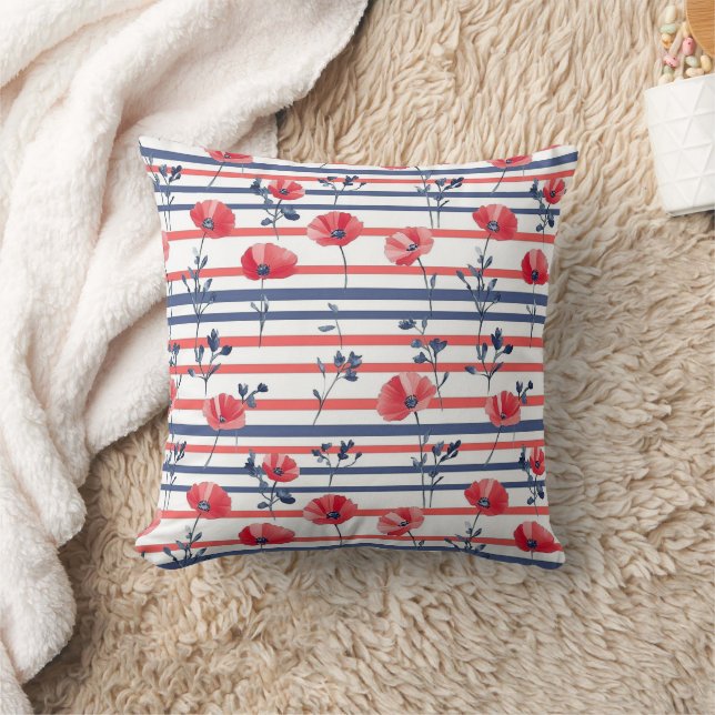 Coussin Poppies rouges avec Feuilles bleus et Motif rayé 2 (Couverture)