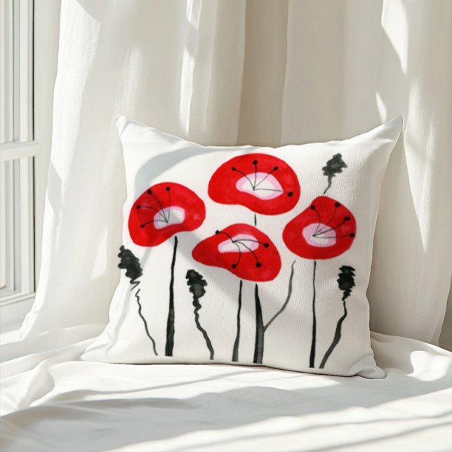 Coussin Poppies rouges Boho Motif Floral moderne (Créateur téléchargé)