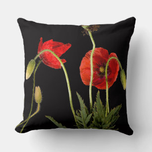 Coussin Poppies Rouges Vibrantes Sur Noir