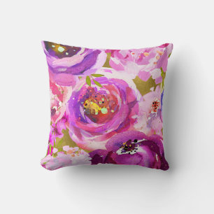 Coussin Pops de rose et violet floral vibrant