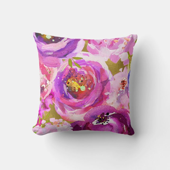 Coussin Pops De Rose Violet Or Moderne Floral Chic Tendanc (Recto)