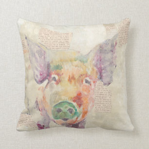 Coussin Porc de collage de ferme d'aquarelle