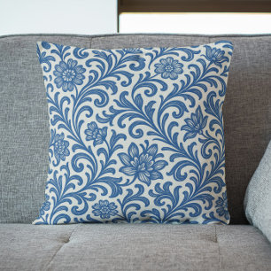Coussin Porcelaine Classique à Tourbillon Floral Bleu et B