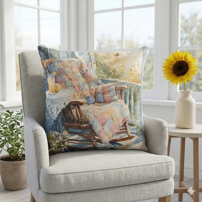 Coussin Porche confortable avec courtepointe et charme de  (Cozy Porch with Quilt and Lemonade Charm Throw Pillow Mockup A)