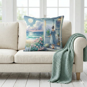 Coussin Porche de cottage au clair de lune au bord de la m