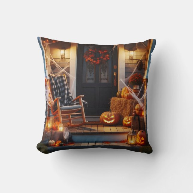 Coussin Porche d'Halloween et Jack-O-Lanterns (Recto)