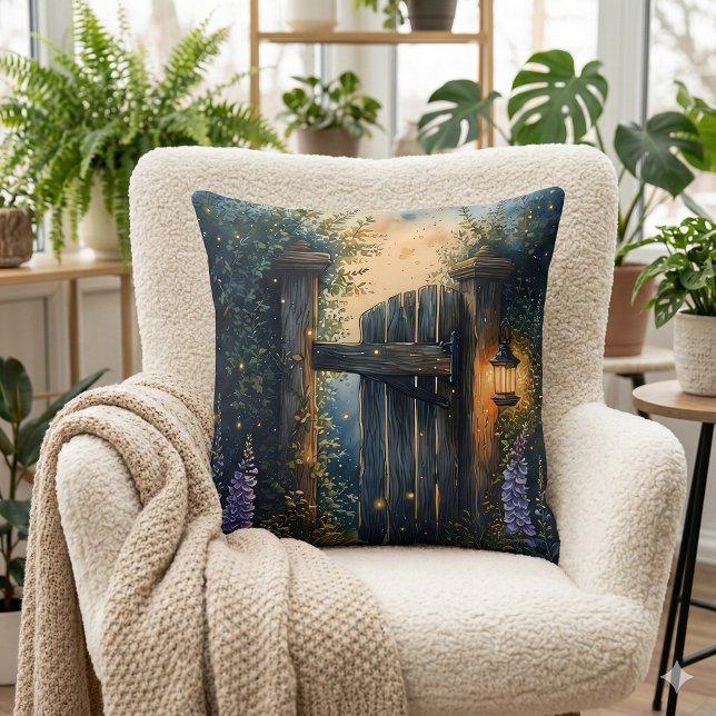 Coussin Porte De Jardin Enchantée Sous Ciel De Luciole (Enchanted Garden Gate Under Firefly Sky Throw Pillow Mockup A)