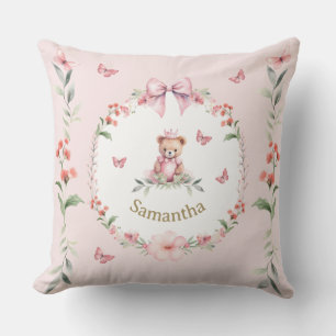 Coussin Portes d'ours en peluche et fleurs rose personnali