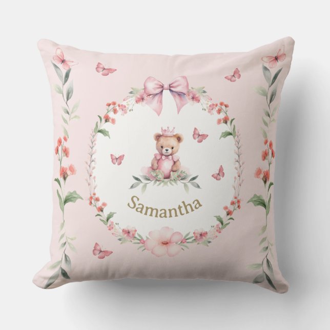 Coussin Portes d'ours en peluche et fleurs rose personnali (Recto)