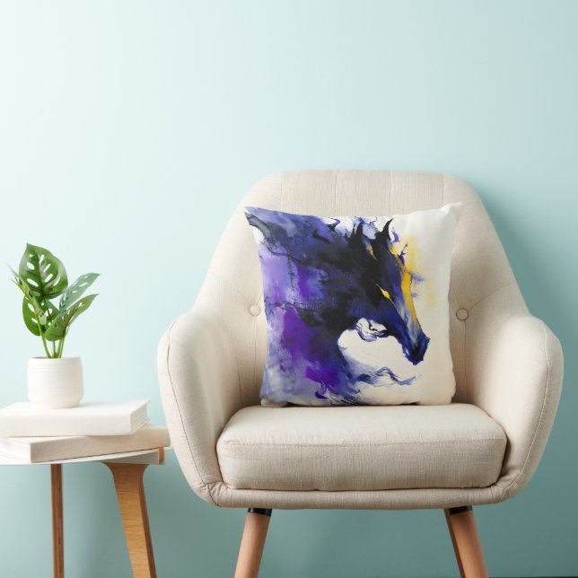 Coussin Portrait abstrait de cheval noir à l'aquarelle (Chaise)