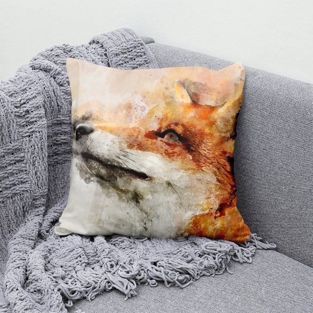 Coussin Portrait aquarellé du renard roux 01 (Red Fox Watercolor Portrait 01. Throw Pillow)
