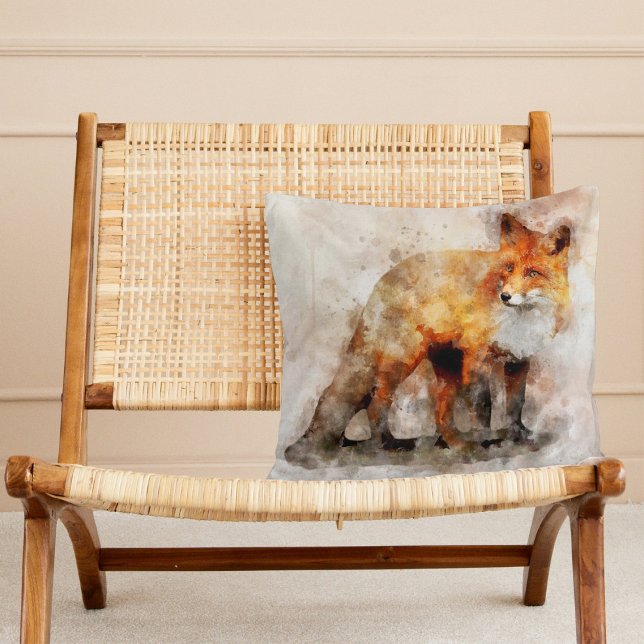 Coussin Portrait aquarellé du renard roux 04 (Red Fox Watercolor Portrait 04. Throw Pillow)