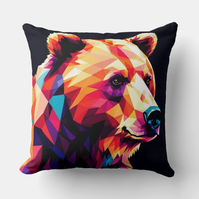 Coussin Portrait coloré d'ours géométrique (Recto)