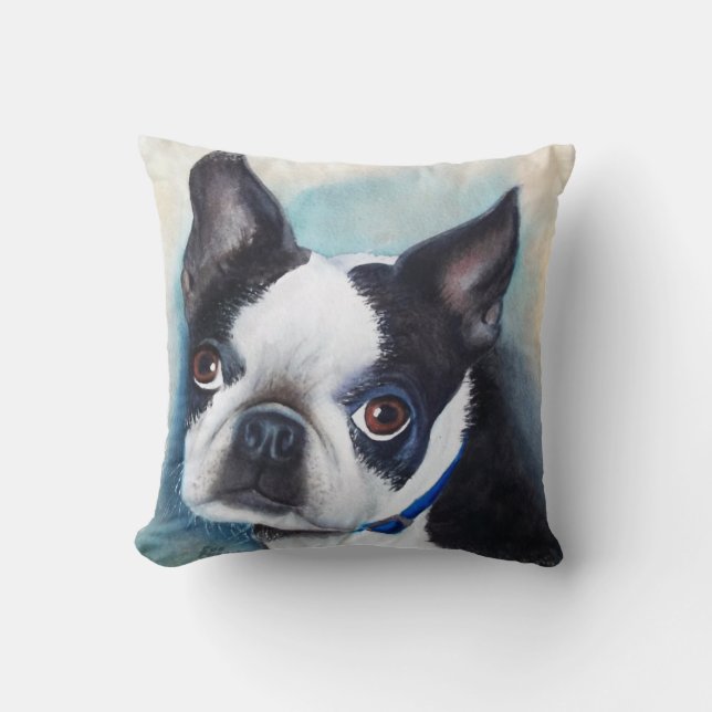 COUSSIN PORTRAIT DE BOSTON TERRIER D'AQUARELLE DE (Recto)