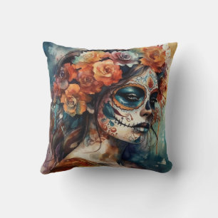Coussin Portrait de Catrina Día de los Muertos à l'aquarel