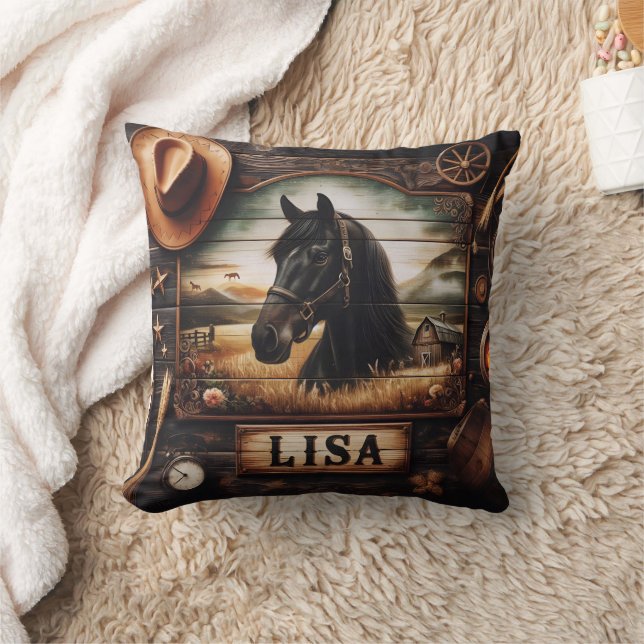 Coussin Portrait De Cheval Noir Avec Éléments De Décor Occ (Couverture)