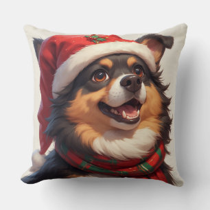 Coussin Portrait de chien joyeux de Noël avec un chapeau d