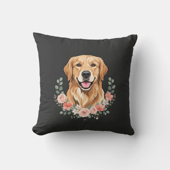 Coussin Portrait de chien Retriever doré floral sublimatio (Recto)