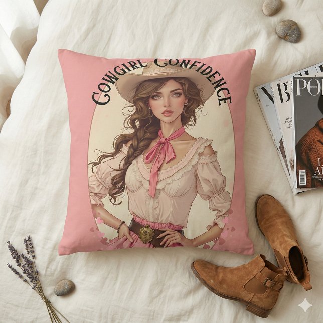 Coussin Portrait de cowgirl coquette de mode western (Coquette Cowgirl Western Fashion Portrait Throw Pillow Mockup A)