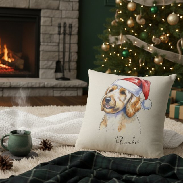 Coussin Portrait de doodle doré de Noël sur mesure (Add a special touch to your Christmas tree with this custom pet portrait throw pillow! )