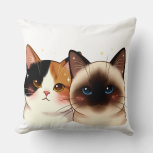 Coussin Portrait de duo de chat siamois et calicot mignon