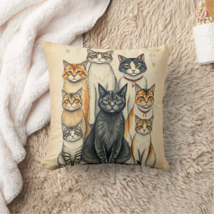Coussin Portrait de famille de chats d'inspiration vintage