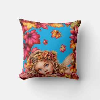 Coussin Portrait de fée d'automne avec cadre de feuilles d