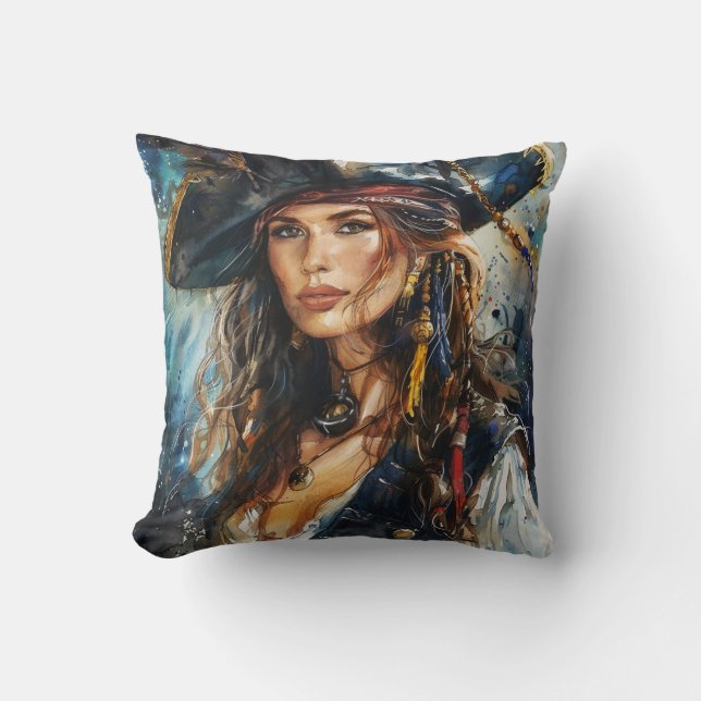 Coussin Portrait de femme pirate à l'aquarelle (Recto)
