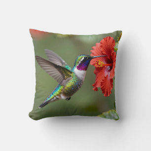 Coussin Portrait de fleur d'hibiscus au colibri iridescent