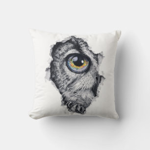 Coussin Portrait de hibou à l'encre avec un œil arc-en-cie