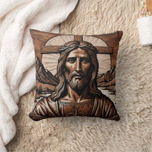 Coussin Portrait de Jésus entouré de Montagnes et Croix