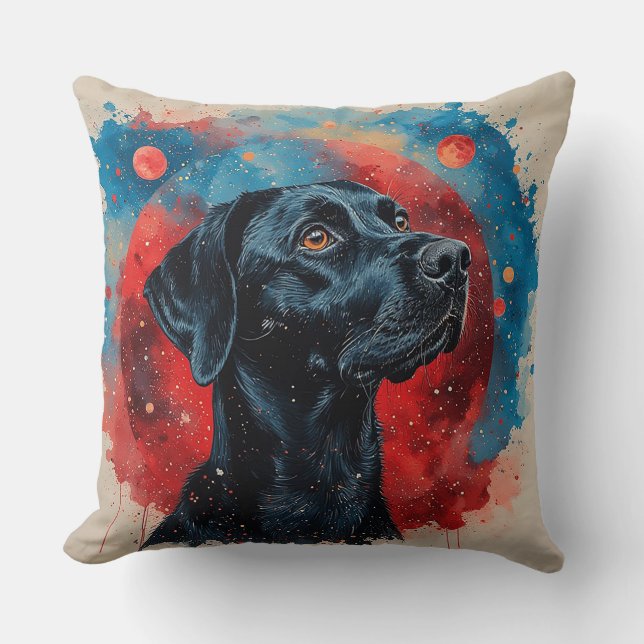 Coussin Portrait de Labrador noir dans un espace cosmique (Recto)