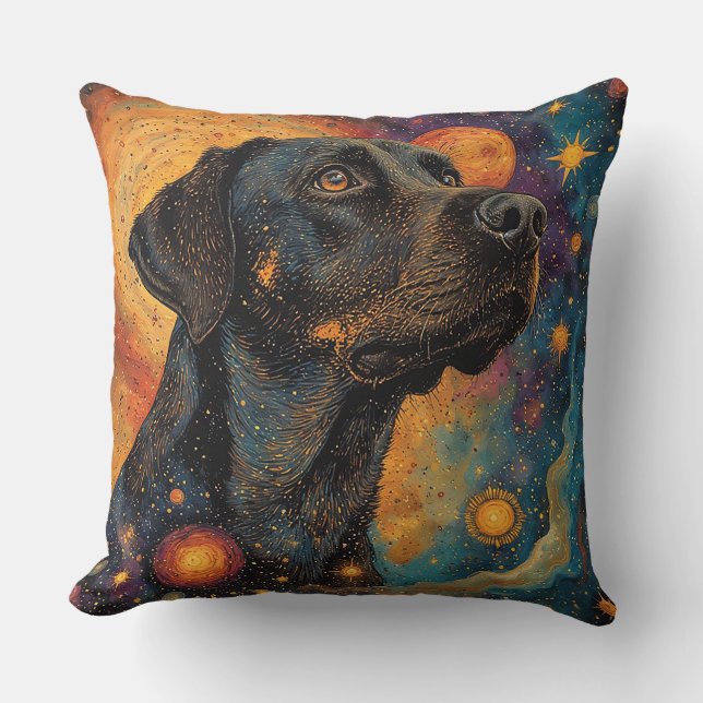 Coussin Portrait de Labrador noir dans un espace cosmique (Recto)