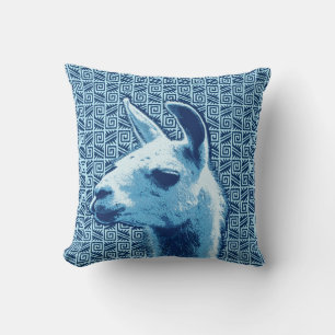 Coussin Portrait de Llama sur Motif Aztèque, bleu Denim