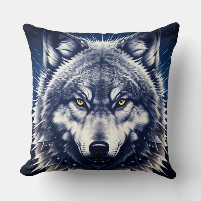 Coussin Portrait de loup aux yeux dorés intenses (Recto)