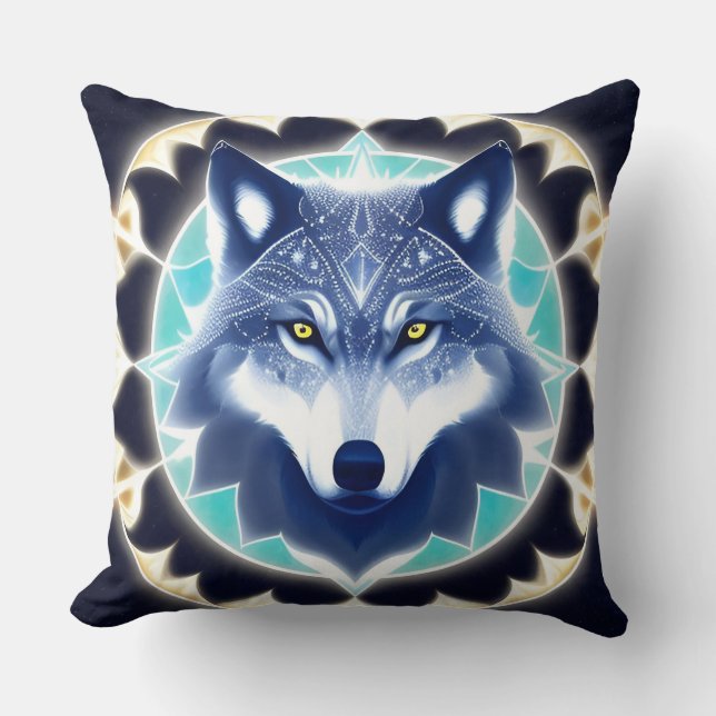 Coussin Portrait de loup aux yeux dorés intenses (Recto)