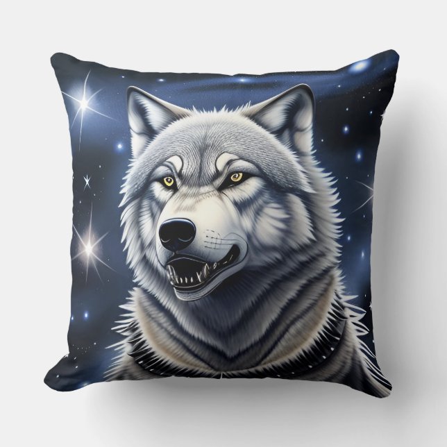 Coussin Portrait de loup aux yeux dorés intenses (Recto)