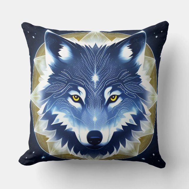 Coussin Portrait de loup aux yeux dorés intenses (Recto)
